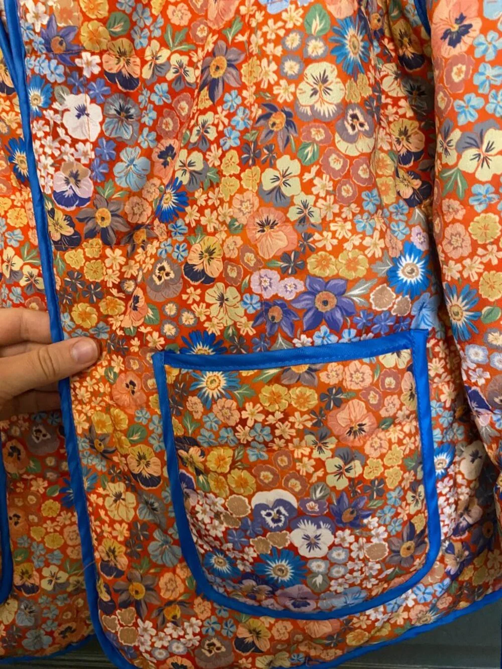 Womens Floral Quilted Jacket Medium Orange Blue Lightweight Puffer Coat Boho Poc - Picture 8 of 9